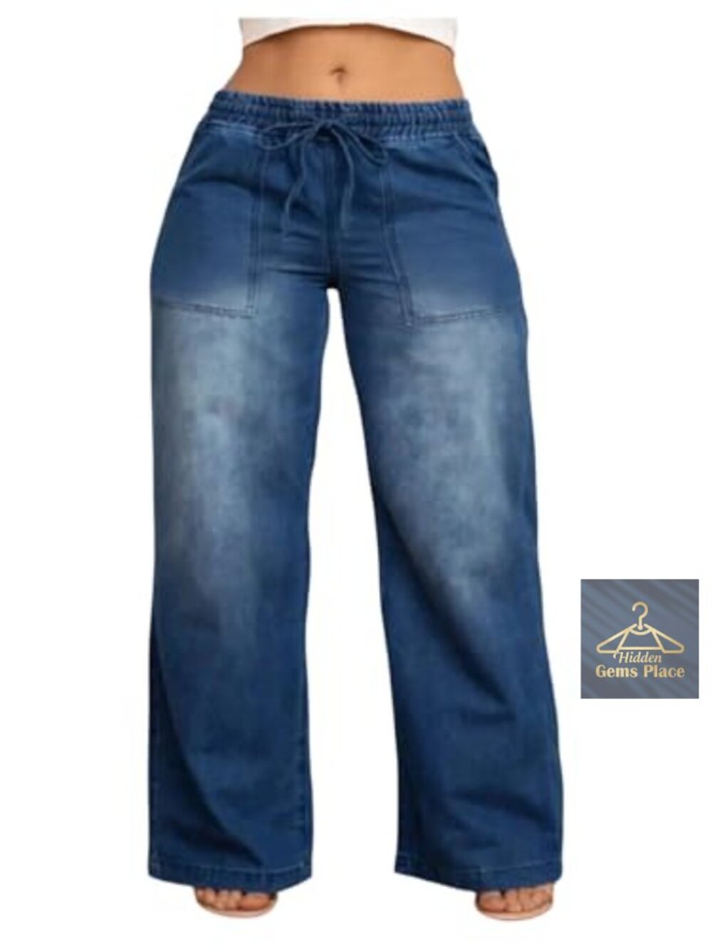 Plus Size Drawstring Waist Wide Leg Baggy Denim Jeans